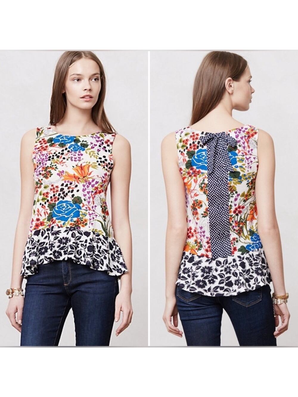 Anthropologie Postmark Cultivar Tank Top Peplum Mixed Floral Polkq Dot Bow